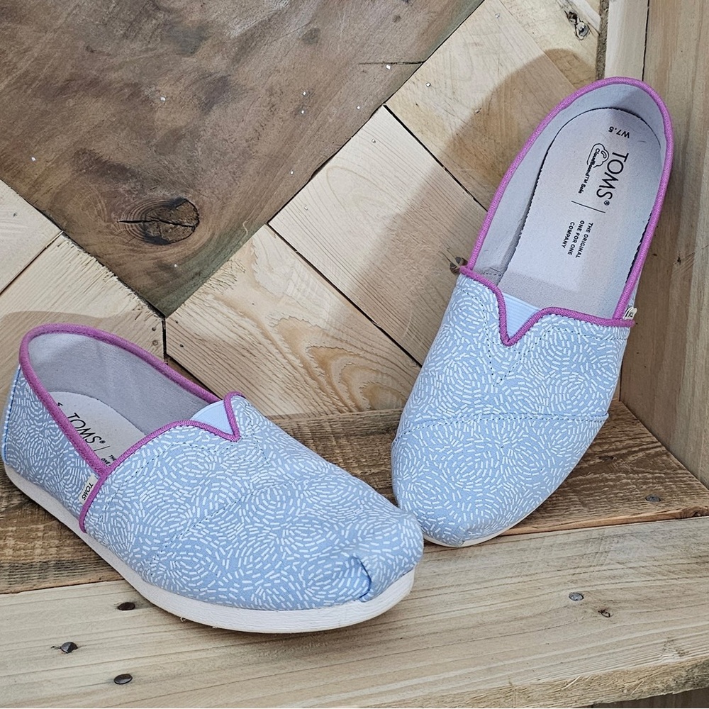 TOMS Light Blue Slip-Ons with Pink Trim
